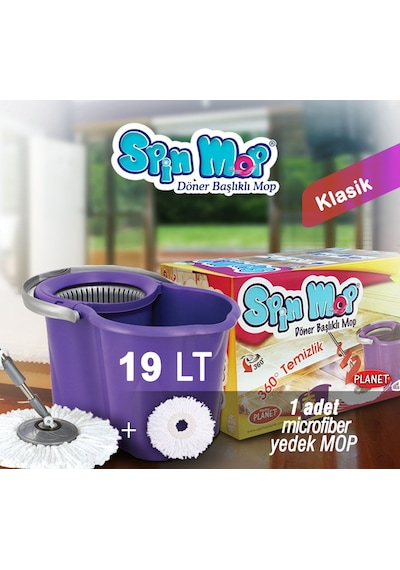 Spin Mop Döner Başlıklı Paspas Temizlik Seti Mor 19 L
