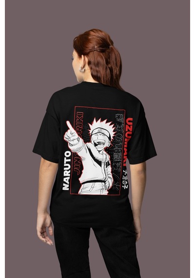 Naruto Uzumaki Jinchuriki Sırt Baskılı Unisex Oversize Anime Tişö Siyah