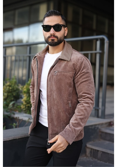 Vintage Kadife Deri Yaka Detaylı Ceket Kahverengi
