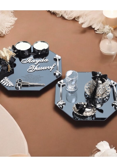 Affinity Sekizgen Gümüş Söz Nişan Tepsisi Ve Damat Kahve Fincan Tepsi Seti Siyah Siyah