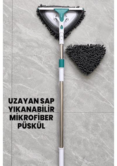 Çıkarılabilir Cam Silecekli Üçgen Cam Mopu - Teleskopik Uzayan Kısalan Sap - Elde Kullanılabilir - Köpüren Püsküllü