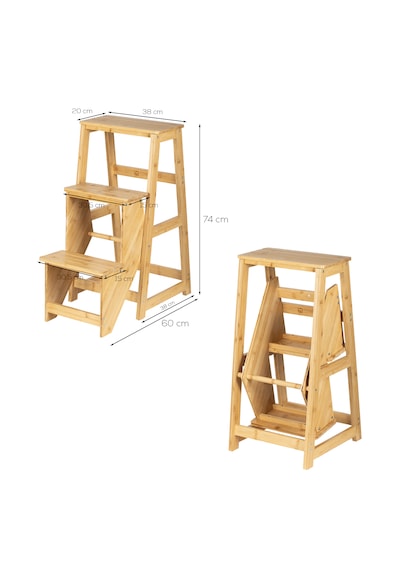 Porsima Pbt-379 Ahşap Bambu 3 Basamak Merdiven - Portatif Demonte Ve Ergonomik Ev Tipi Dekoratif Tabure Merdiven 1 Adet