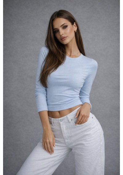 Wild Bee Kadın Bebe Mavi Bisiklet Yaka Uzun Kollu Basic Bluz