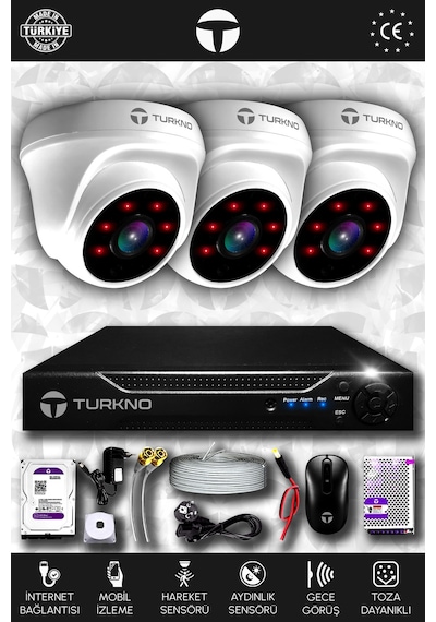Turkno 3 Kameralı Domia 3 İç Kamera Set 100 GB HDD Full HD Gece Görüşlü Güvenlik Kamerası Sistemi