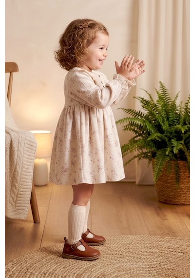 Babymod Fırfırlı Çiçekli 100% Pamuk Müslin Kız Bebek Elbise Bej