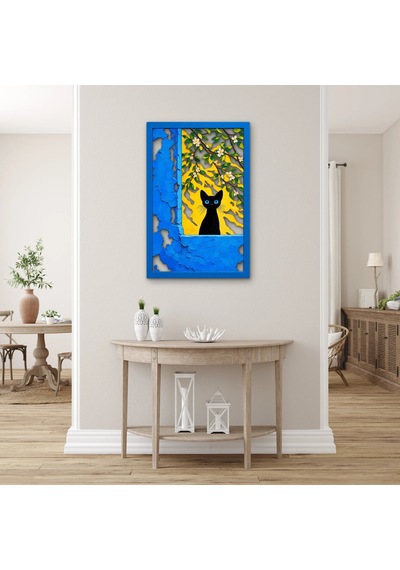 Çiçekli Pencerede Siyah Kedi Metal Tablo 33x50 Cm Çok Renkli