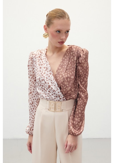 Sateen Kruvaze Desenli Bodysuit - Kahve-bej