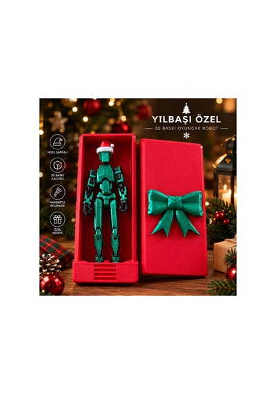 Yılbaşı Temalı Hareketli Robot Dummy Oyuncak Noel Şapkalı 3d Baskı Figür, Özel Hediye Kutulu