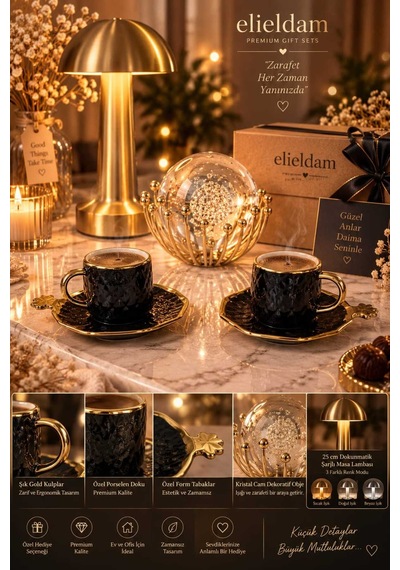 Doğum Günü, Özel Gün, Yeni İş, Yeni Ev Hediyesi Gold Kulplu İkili Porselen Fincan, Kristal Obje Ve Masa Lambası Seti