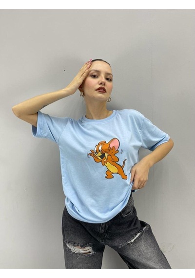 Flood Of Style Unisex Tshirt Bebe Mavi Tom Ve Jerry Baskılı Sevgili Çift Kombini 2 'li Set Bej
