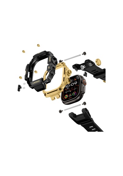 Watch Ultra 49mm Uyumlu Mohseven İwatch Punk Fortress Serisi Kasa Koruyuculu Silikon Kordon Gold