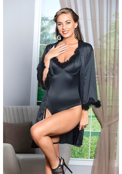 Gallipoli Kuşaklı Mini Boy Saten Sabahlık Siyah Mgp11500