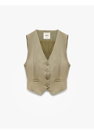 Koton Modal Karışımlı Astarlı Slim Fit V Yaka Düğmeli Blazer Yelek Haki 5sak20006pw Haki