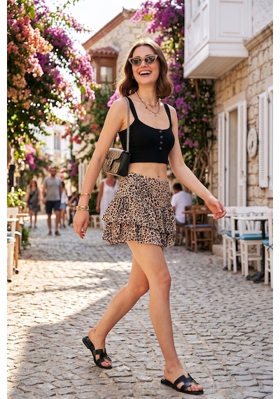 Lela Leoparlı Slim Fit Fırfırlı Mini Boy Bayan Şort Etek 5866293 Leopar