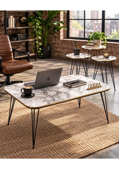 Odera Efes Beyaz Mermer Desenli Orta Sehpa Ve Yuvarlak Zigon Sehpa 4'lü Set Siyah Tel Metal Ayaklı Retro Modern Salon Sehpası Diğer