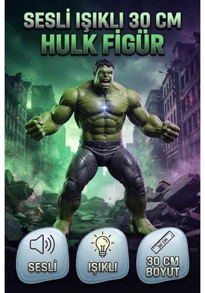 Sesli Işıklı 30 Cm Hulk Oyuncak Figür Pilli Dev Kahraman Eğlenceli Aksiyon Figürü