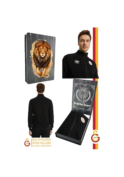 Galatasaray Lisanslı Dik Yaka Fermuarlı Siyah Sweat Gs Aslan Baskılı Ahşap Kutulu Siyah