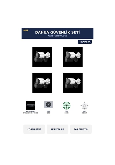Dahua 4 Kameralı 8mp Güvenlik Kamera Seti 4k 8mp Ip Poe Bullet Dış Mekan 1tb 7 Gün Kayıt Dahua 4 Kameralı 8mp Güvenlik Kamera Seti 4k 8mp Ip Poe Bullet Dış Mekan 1tb 7 Gün Kayıt
