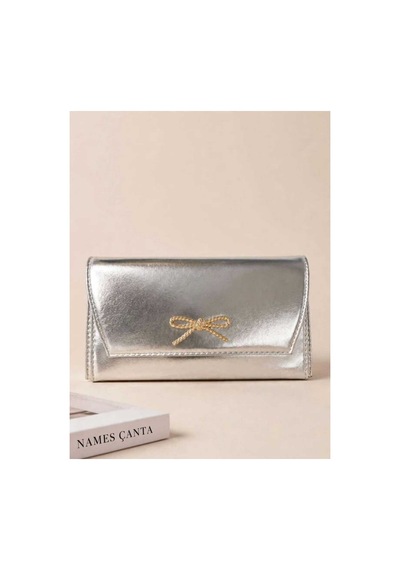 Names Bag Fiyonk Taş Detaylı Zincir Askılı 2 Bölmeli Abiye Çanta Gümüş Gümüş