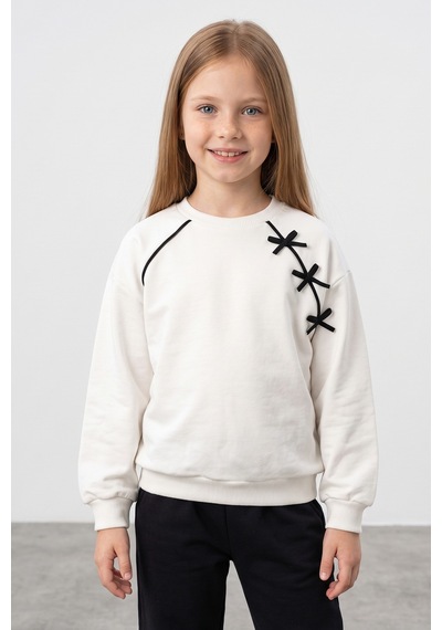 Fullamoda Fiyonk Nakışlı Biyeli Bisiklet Yaka Kız Çocuk Sweatshirt Ekru