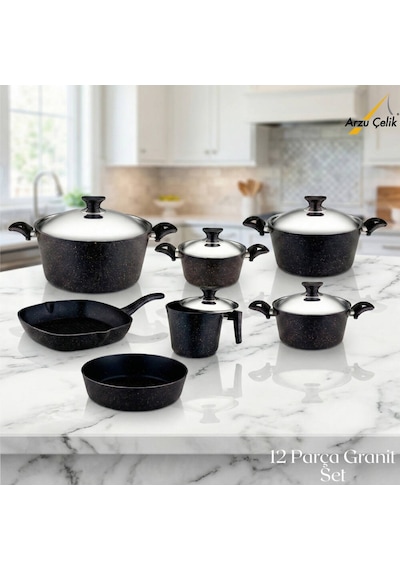 12 Parça Granit Set Çelik Kapak - Siyah Siyah