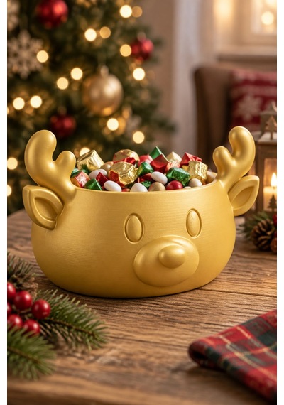 Sonbahar Ve Noel Temalı Ren Geyiği Figürlü Bowl - Sunum Kabı Altın