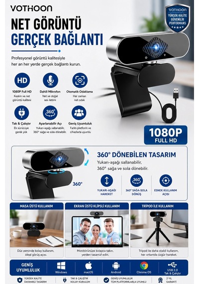 Webcam 1080p Hd Konferans Kamera Dahili Mikrofon Görüntülü Sohbet Yayın Kamerası Hd Video Ae-104