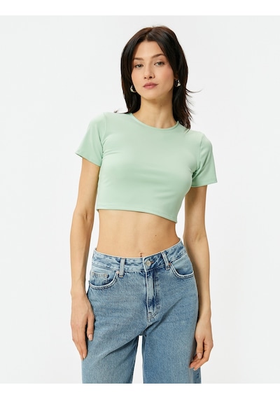 Koton Crop Tişört Bisiklet Yaka Kısa Kollu Slim Fit Yeşil 4sak50404ek Yeşil
