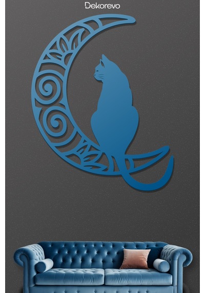 Aydaki Kedi Metal Duvar Tablosu - Metal Duvar Sanatı - Mavi - 40 X 50 Cm