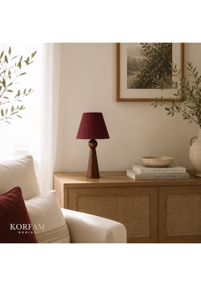 Bordo Keten Kumaş Başlıklı Ahşap Abajur Çok Renkli