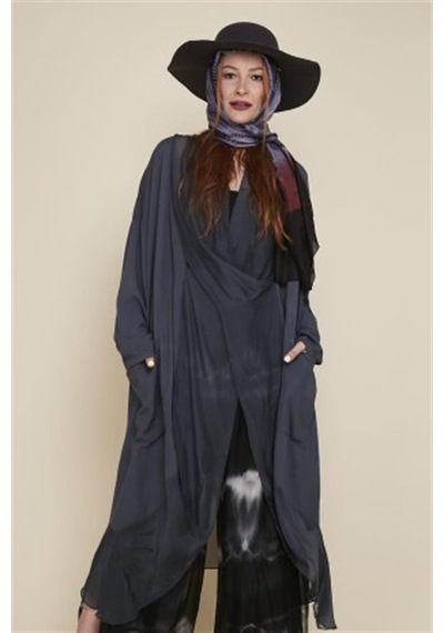 Bohem Stil Italyan Ipek Detaylı Oversize Kaftan & Bluz-8711 Antrasit