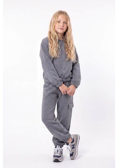 Fyk Kids 3 İplik Kız Çocuk Düz Kısa Bel Sweatshirt Bisiklet Yaka Eşofman Takımı Füme