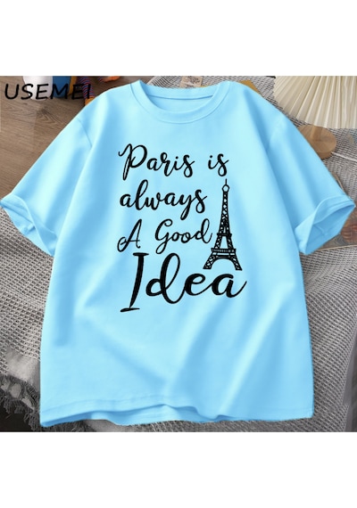 Flood Of Style Erkekler T En Kaliteli Baskı Paris T-shirt Rahat Tatil Moda O Boyun Kazak Pamuk Kısa K Mavi