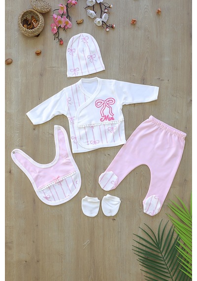 Sitilin Kız Bebek Fiyonklu Lüks Süslü İşlemeli 5 Li Hastane Çıkışı Yenidoğan Set Stl7169 Pembe