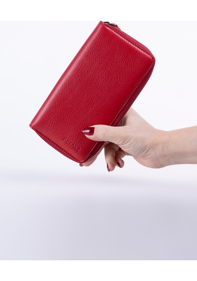 Lysande Hakiki Deri Unisex Telefon Bölmeli Cüzdan 15 Kartlıklı Cüzdan Kartlık Kırmızı