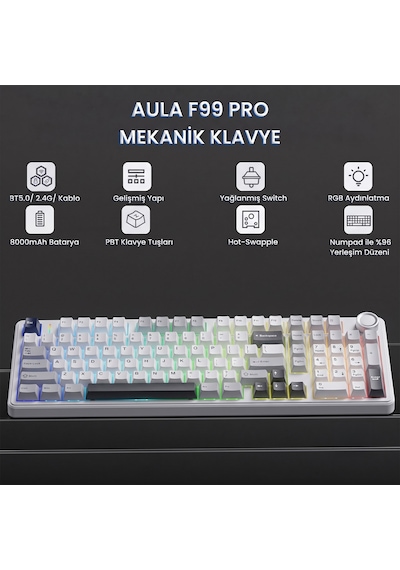 Aula F99 Pro 3 Modlu Rgb Hot Swap Mekanik Star Vector Switch Kablosuz Makrolu Klavye Gri
