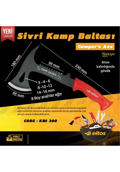 Kamp Baltası, Bilek Askılı, Çelik Keskin Ağız, Sırtı Testereli, 8 Boy Anahtar Ağızlı, Kbs300, Outdoor, Avcılık, Doğa Yürüyüşü, Survival Balta, Dayanıklı, Ergonomik Sap, Kampçı Baltası Sivri