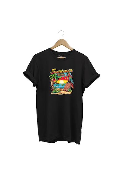 Renkli Summer Vibes Tasarım Baskılı Ve Papağan %100 Pamuk Regular Fit Premium Siyah T-shirt Siyah