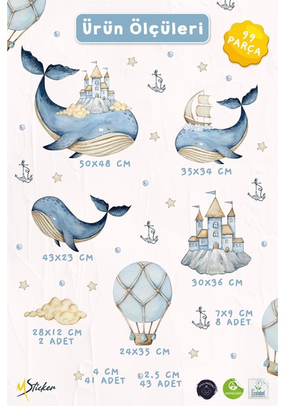 Masalsı Balina Duvar Sticker Seti 99 Parça Çocuk & Bebek Odası Kendinden Yapışkanlı Duvar Stickerı Çok Renkli