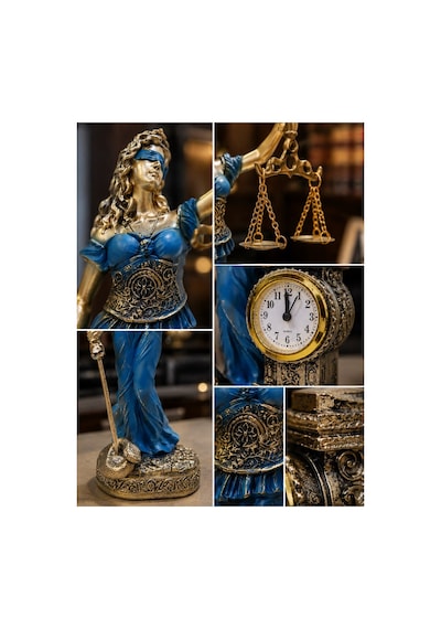 Hukuk Bürosu Masaüstü Lüks Polyester Themis Terazili Adalet Tanrıçası Heykeli Saatli Biblo Mavi 25cm Çok Renkli