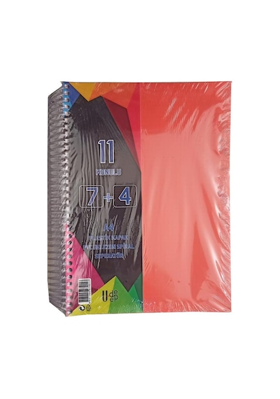 7+4 Ayraçlı Defter 11 Konulu 225 Yaprak 1 Adet 7 Kareli 4 Çizgili Spralli Plastik Kapak Seperatörlü Kırmızı