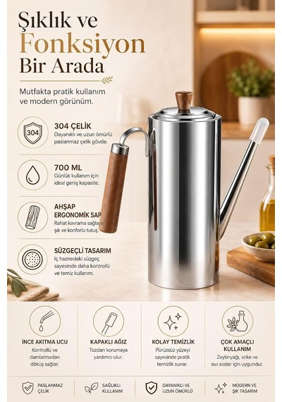 304 Çelik Ahşap Saplı Süzgeçli 700 Ml Yağdanlık Sosluk Sirkelik Mt272