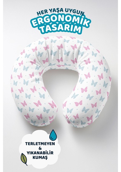 Kelebek Desenli Pamuklu Boyun Yastığı - Pastel Pembe Mavi Çocuk & Yetişkin Seyahat Yastığı Doygun Taş Eflatun