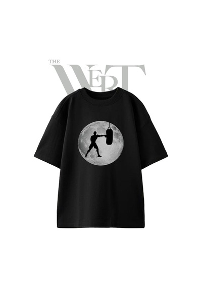Thewert Boksor Ay Tasarım Baskılı Ünisex Siyah Oversize T-shirt