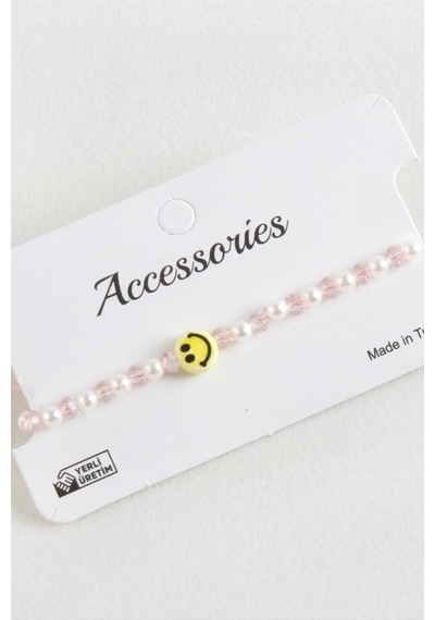 Emoji - 512 - İnci Kristal Makrome İp - Nazblsmm - Bileklik Pembe