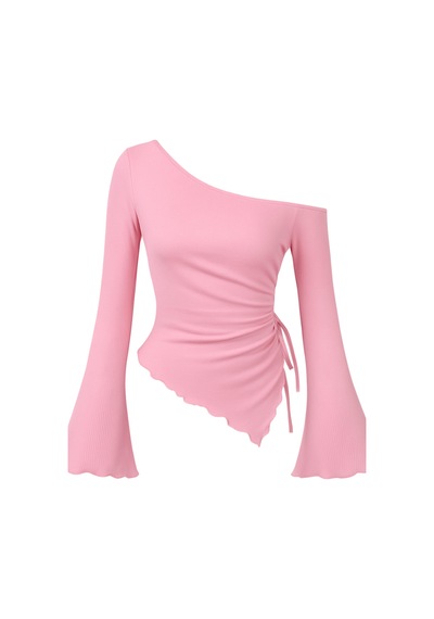 Wild Flower Pembe Uzun Kollu Asimetrik Yaka Drapeli Yan Bağlamalı Bluz Üst Pembe