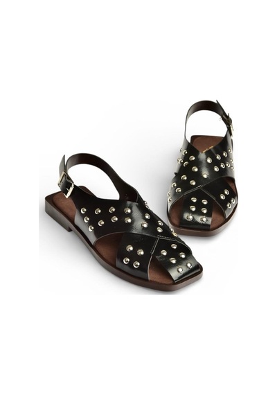 Fox Shoes Y458502760 Siyah Rustik Zımba Detaylı Kadın Sandalet Siyah