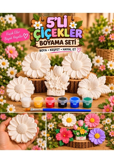 5'li Çiçek Boyama Seti Taş Figür Boyama Kiti 6 Renk Boya Fırça Boyama Rehberi Hobi Seti