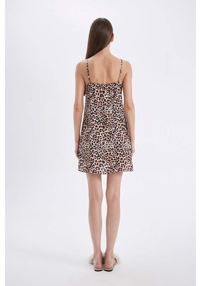 DeFacto Leopar Desenli V Yaka Saten Askılı Gecelik-Fall in Love D4407AX24HSBK81