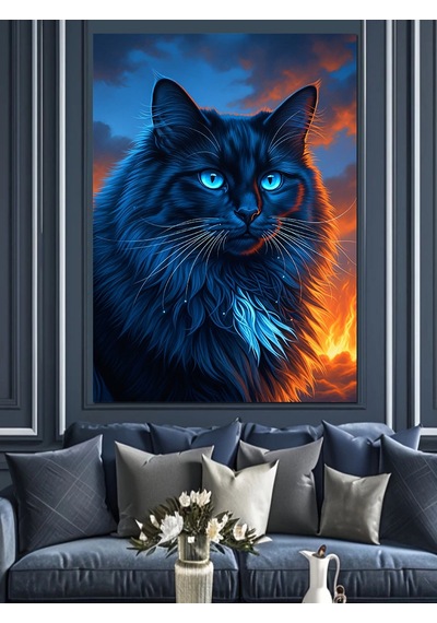Ahşap Tablo Mavi Gözlü Kara Kedi